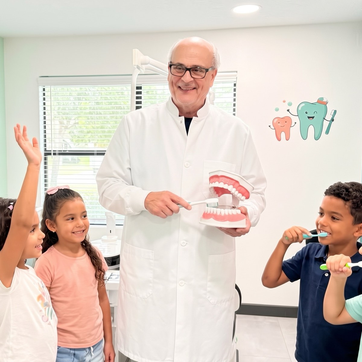 A dentist at Bien Dental shows a group of children how to brush using a large tooth model in a cheerful treatment room